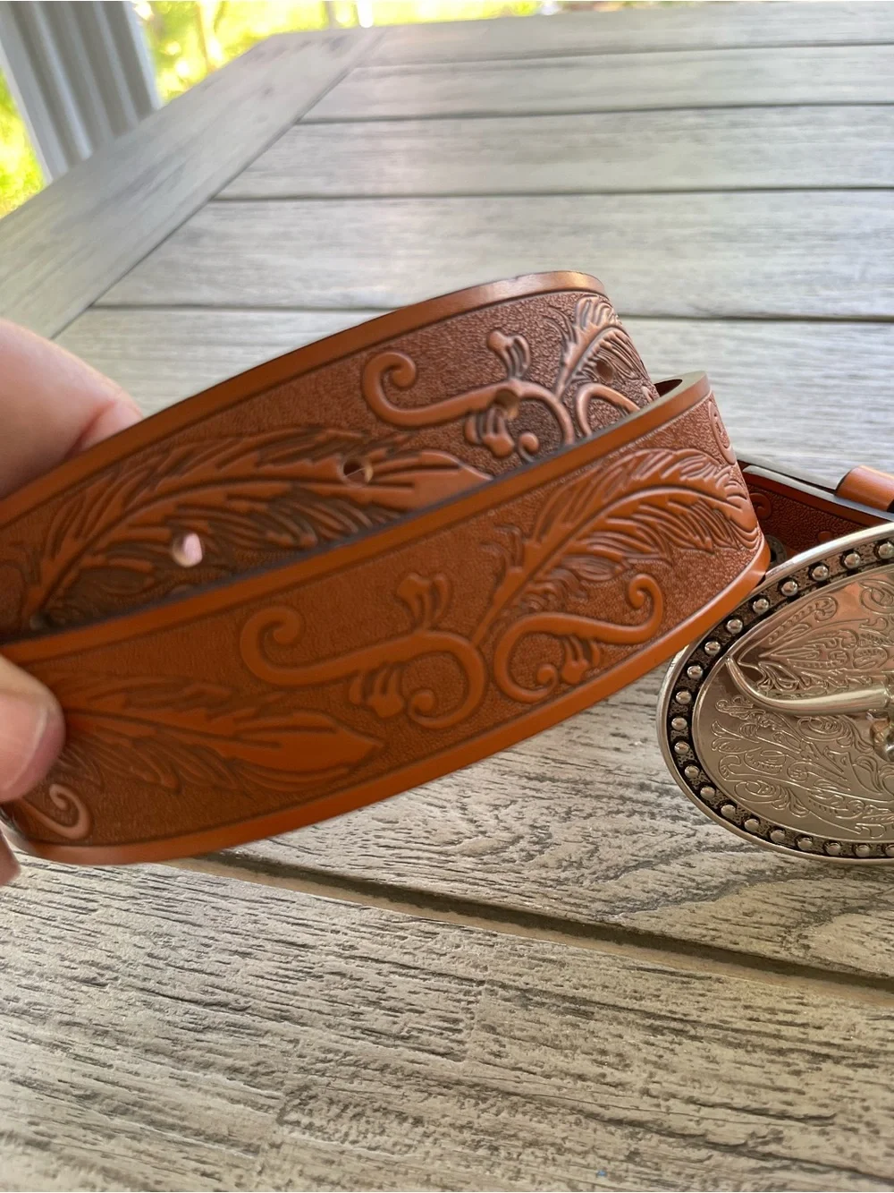 Western Tan Brown Tooled Leather Belt with Silver Longhorn Buckle Unisex Style